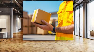 Worker in yellow vest holding a cardboard box in a warehouse, showcasing logistics and delivery processes under sunny skies. Wall mural