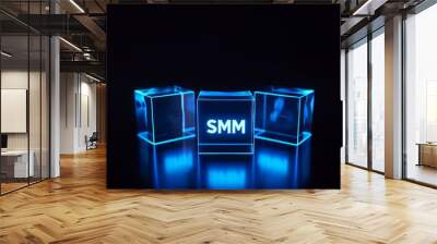 3D glowing blue three cubes with the text SMM Wall mural