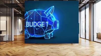 A blue digital piggy bank with glowing lines and the word budget illustrating budget concept Wall mural