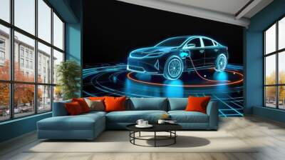 A digital holographic electric vehicle charging on dark background illustrating electric vehicle concept Wall mural