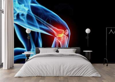 A knee joint with a glowing red pain point on a black background shows a healthcare and knee pain concept Wall mural