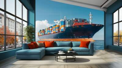 A large container ship export freight transportation floating in the ocean and blue sky Wall mural