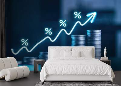 A stack of coins with an arrow pointing upwards and glowing percent icon showing financial growth and investment concept Wall mural