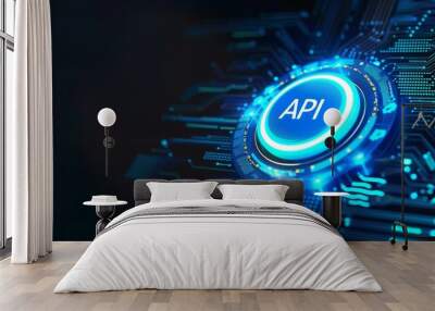 An abstract futuristic background with a blue glowing text API Wall mural