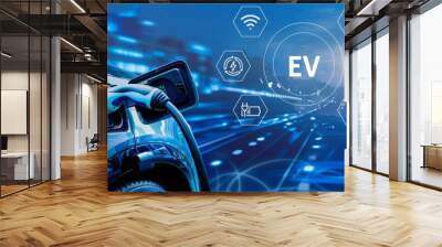 An electric vehicle charging with illustration EV icons on dark background Wall mural