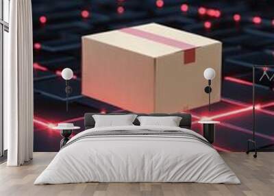 Cardboard box floating above glowing digital grid representing logistics and technology, modern shipping and transport, futuristic delivery system Wall mural