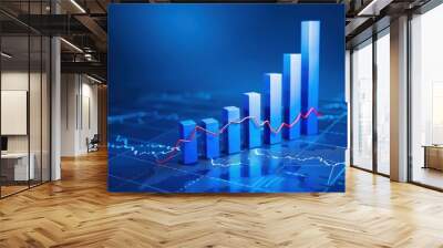 Graph showing stock market trend with upward bar chart on blue background, sales performance data, financial growth Wall mural