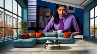 Young indian woman working at office with coffee, corporate office imag Wall mural