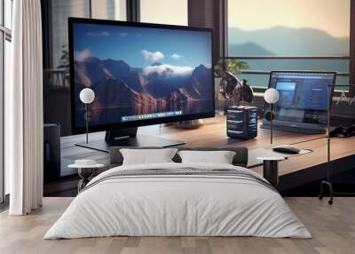 A high-end desktop computer with dual monitors, positioned on a tidy desk, surrounded by modern office accessories. Wall mural