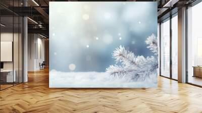 A beautiful winter background featuring frosted spruce branches, small drifts of pristine snow, bokeh Christmas lights, and ample space for text. Wall mural