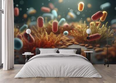 Abstract bacteria, probiotics, gram positive bacteria bacteria and viruses of various shapes against a light background. Concept of science, medicine. Microbiology background. 3d illustration Wall mural