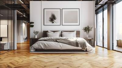 Blank white photo poster frame with black edge in modern, luxury beige brown bedroom Wall mural