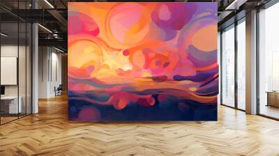 Generate a vibrant abstract image representing a summer sunset, with overlapping swirls of warm oranges, pinks, and purples, reminiscent of the sky as the sun dips below the horizon Wall mural