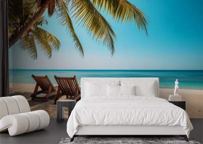 Paradise tropical beach with beautiful palm tree and two deckchairs Wall mural