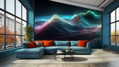 Technology background with connected dots on 3D wave landscape. Data science, particles, digital world, virtual reality, cyberspace, metaverse concept Wall mural