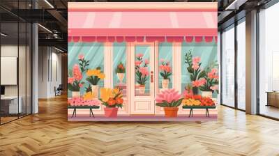 An illustration of a flower shop front with potted plants AI Generated Wall mural