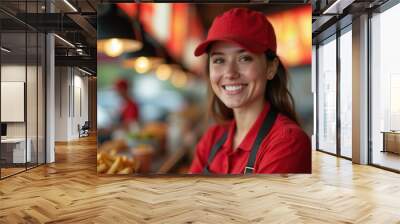 Friendly Fast Food Worker Portrait with Bright Smile and Confidence in Casual Uniform Wall mural