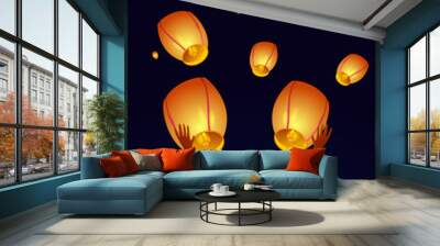 Girl flying sky lamp for Happy Diwali festival holiday celebration of India greeting background Wall mural