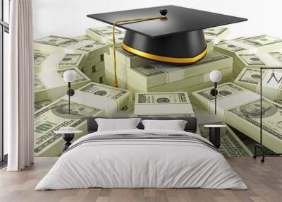 illustration of mortar board on bundle of dollar note Wall mural