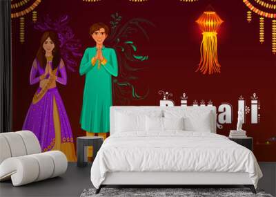 vector illustration of Indian family people celebrating Happy Diwali festival holiday of India Wall mural