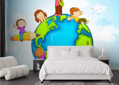 vector illustration of kids climbing around earth Wall mural