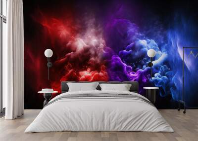 Art photo of smoke moves on black background. Smoke and fog in contrasting vivid red, blue, and purple colors. Generative AI Wall mural