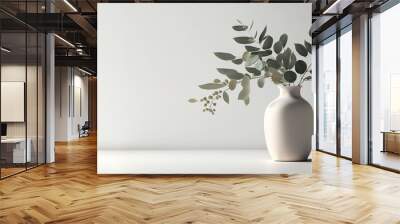 Green eucalyptus leaves in ceramic vase on white table. Front view, empty wall background. Place for text, copy space, empty space. Generative AI Wall mural