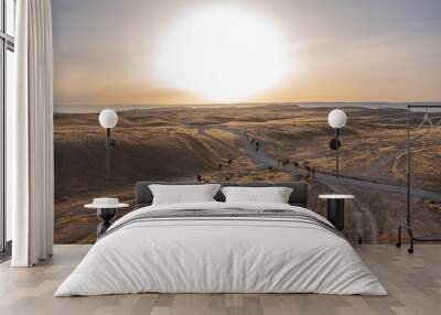 Camel Caravan crossing a desert landscape at sunrise, Aerial view. Wall mural