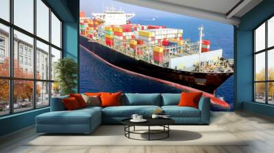 Container ship at sea - Aerial image of a ULCV (Ultra large container vessel) loaded with various container brands. Wall mural