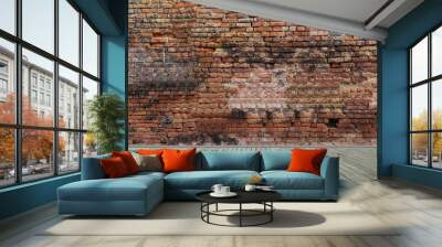 Old red brick wall with grey wooden floor Wall mural