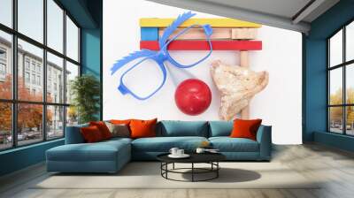 Purim arrangement - Hamantashen, Gragger,glasses and a red nose Wall mural