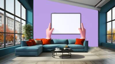 3D Cartoon hand holding tablet isolated on purple background, Hand using tablet mockup. 3d render illustration Wall mural