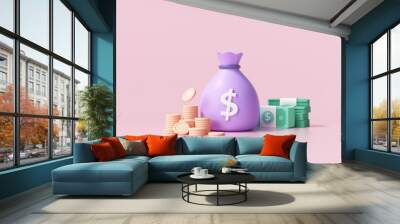 3D Money concept. money bag, coins stack and banknotes. 3d render illustration Wall mural