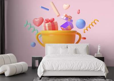 3D Trophy cup with floating gift, heart, ribbon and geometric shapes on pink background, celebration, winner, champion and reward concept. 3d render illustration Wall mural