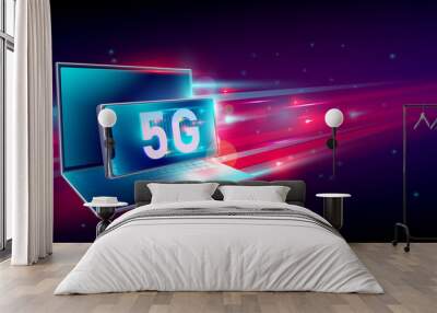 5G high speed network communication internet on flying realistic 3d laptop and smartphone with light red and dark blue background. Vector Wall mural