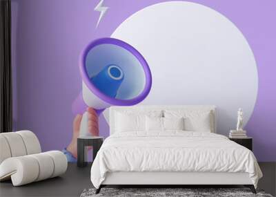 Cartoon hand holding megaphone with speech bubble on purple background with copy space. 3d render illustration Wall mural