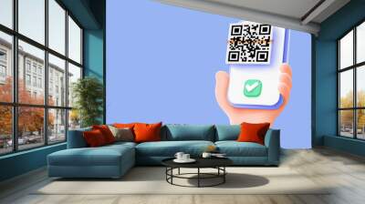 Cartoon hand using Smartphone scan QR code pay bill with successfully. Convenient and fast mobile bill payment concept. Scans qr code for online payment, money transaction on mobile app service. Wall mural