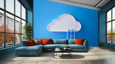 Cloud computing service, cloud data storage technology hosting concept. white cloud with cables on blue background. 3D render illustration. Wall mural