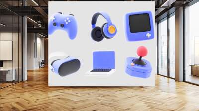 gaming gadgets 3d icon set. Video game console, gamepad, VR headset on isolated background. 3d rendering Wall mural