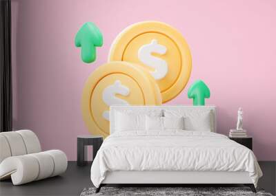 Green up arrow and coins on pink background. Financial success and growth concept of stock market. money rising trend Interest percentage increase, deposit. 3d rendering Wall mural