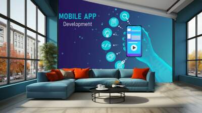 mobile app development concept, web design, programming, interface, software development. vector illustration. Wall mural