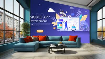 Mobile App Development Modern Flat Design for web template , Developers working on mobile Wall mural