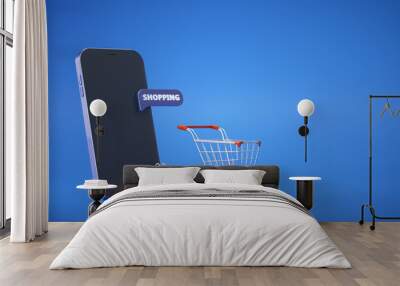 Online shopping concept. Mobile phone or smartphone with cart and boxes and bag. 3d Wall mural