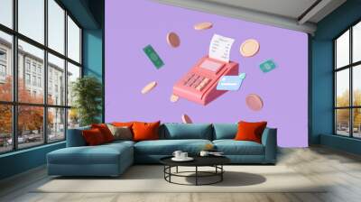 payment concept credit card, payment terminal and banknotes floating coins around on purple backgrou Wall mural