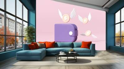 Purple wallet with coins with wings. The concept for business, web sites, online shop, finance, banks. Lost money, money-saving concept. 3d render illustration Wall mural