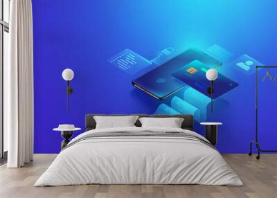 Secure online payment transaction with smartphone. Internet banking via credit card on mobile. Protection shopping wireless pay through smartphone. Isometric vector Wall mural