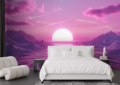 A breathtaking pink sunset over a calm ocean, bordered by majestic mountains, with serene and dreamy vibes all around. Wall mural