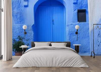 A bright blue painted door set in a vibrant blue wall, adorned with stairs and a potted plant, showing cheerful decor. Wall mural