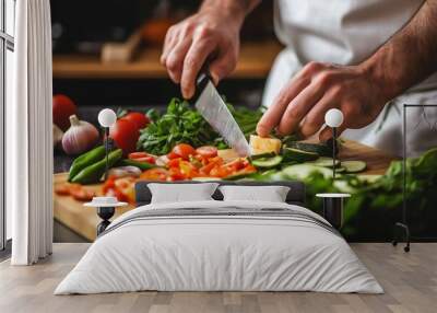 A chef slices colorful vegetables on a board, showcasing culinary skills and vibrant ingredients in detail. Wall mural