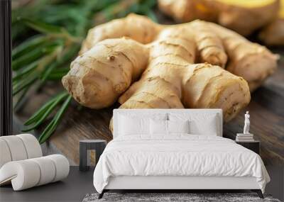 A close-up of fresh ginger root alongside sprigs of green rosemary, placed on a rustic wooden cutting board. Wall mural